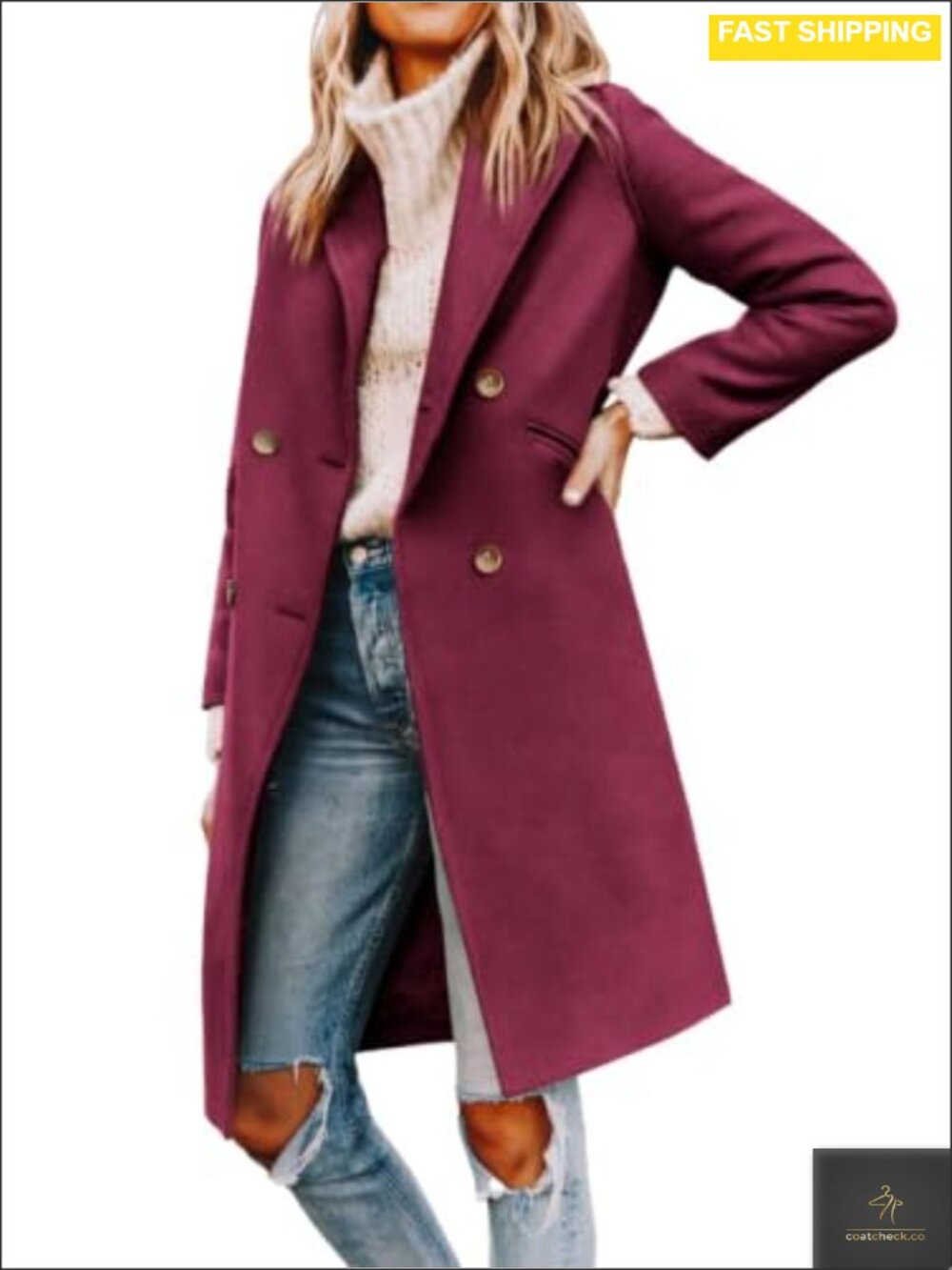 Notched Lapel Double Breasted Pea Coat Mid Long Wool Blend Coat